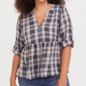 Torrid Plaid Button-Front Crop Babydoll Blouse in Grey Pink Size 2X